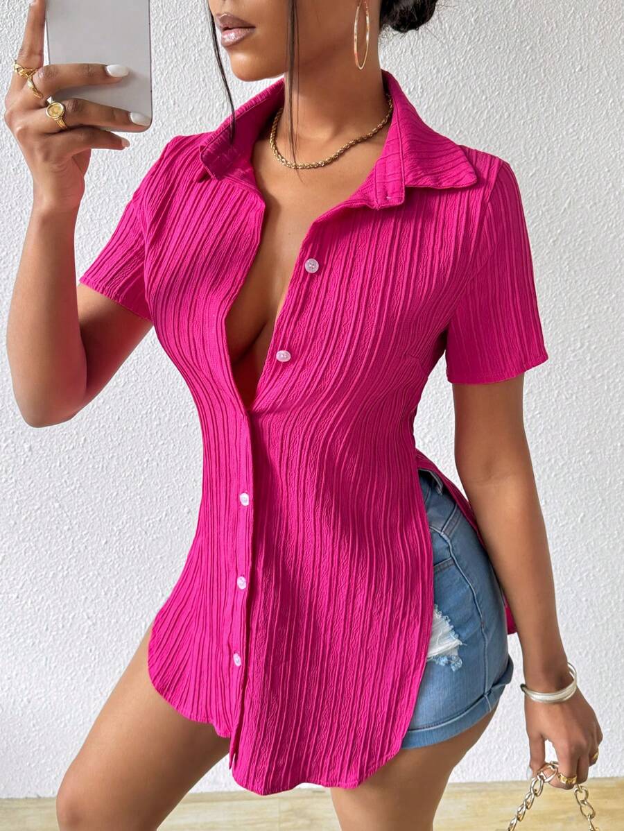 Zolique Women'S Solid Button Front Textured Shirt,Short Sleeve Tops - Hot Pink - View 1