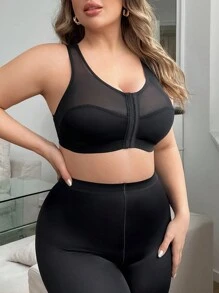 Plus Size Front Hook Closure Wireless Mesh Contrast Brassiere Lingerie - Black - View 6