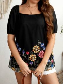 Breezaya Haut À Manches Bouffantes Grande Taille Pour Femmes Avec Broderie Florale - Multicolore - Voir 6