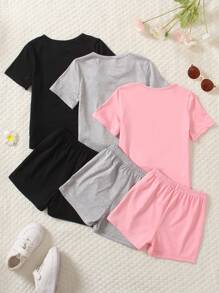 SHEIN Young Girls' Slogan Printed Short Sleeve T-Shirt And Shorts Set