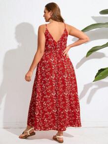 SHEIN Frenchy 女式加大码波西米亚风花卉印花系带吊带夏季连衣裙 - 紅色 - 查看 4