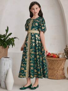 Tween Girl Metallic Gold Floral Pattern Belted Dress - Dark Green - View 7