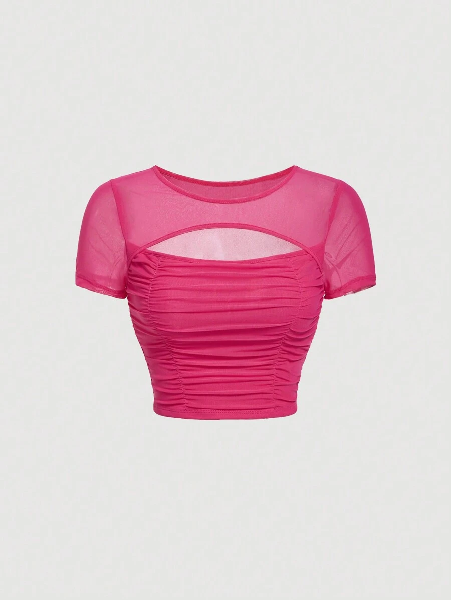 SHEIN MOD Women's Hollow Out Pleated Mesh T-Shirt - Hot Pink - View 1