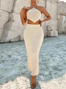 Breezaya Leisure Vacation Halter Top & Skirt & Sweater 2pcs Set - Beige - View 4