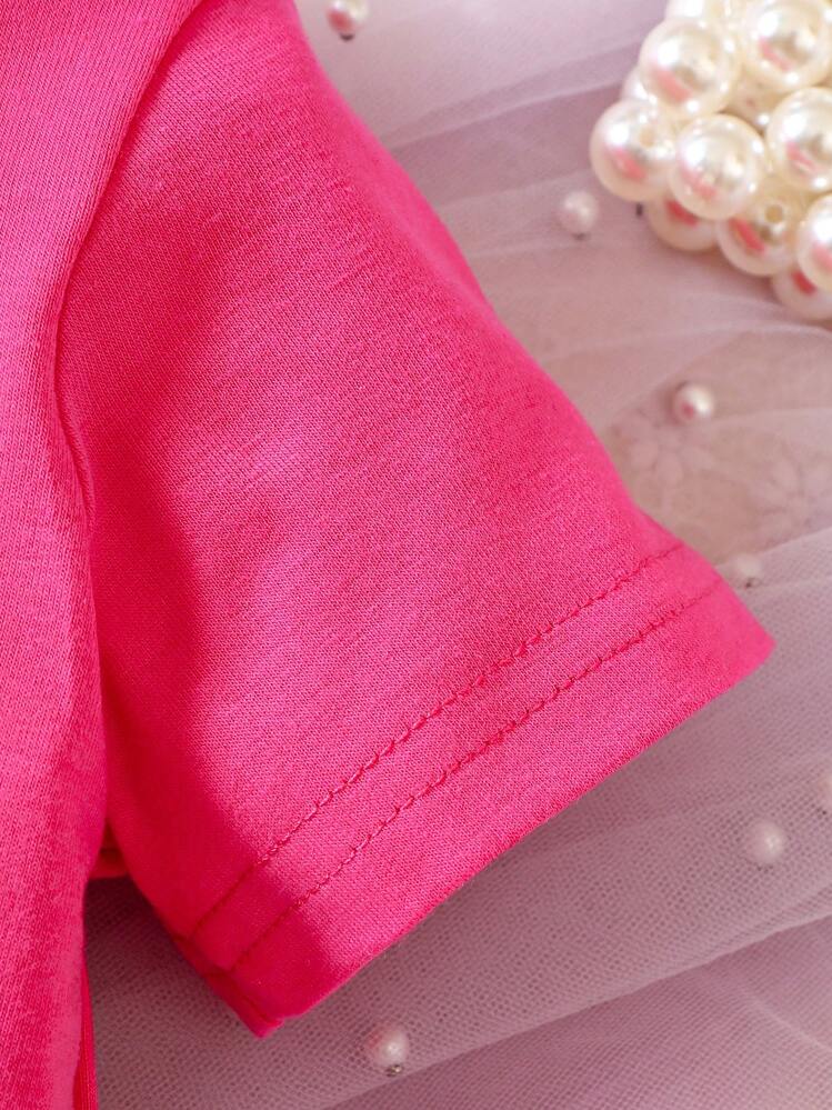 嬰兒女寶寶字母印花短袖上衣 - 玫紅色 - 查看 3