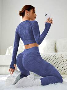 Easithlete Seamless Raglan Sleeve Sports Set Workout Women Set Women Leggings Set - Navy Blue - View 6