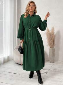 SHEIN Franclia 大碼燈籠袖荷葉邊腰帶襯衫洋裝