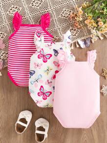 SHEIN Bộ 3 áo liền quần in họa tiết bướm và sọc cho bé gái, đáng yêu và - Nhiều màu - Xem 2