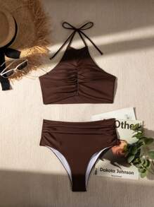 SHEIN Swim Bộ bikini hai dây cổ màu trơn dành cho nữ đi biển mùa hè Tiệc cưới - Cà phê nâu - Xem 7