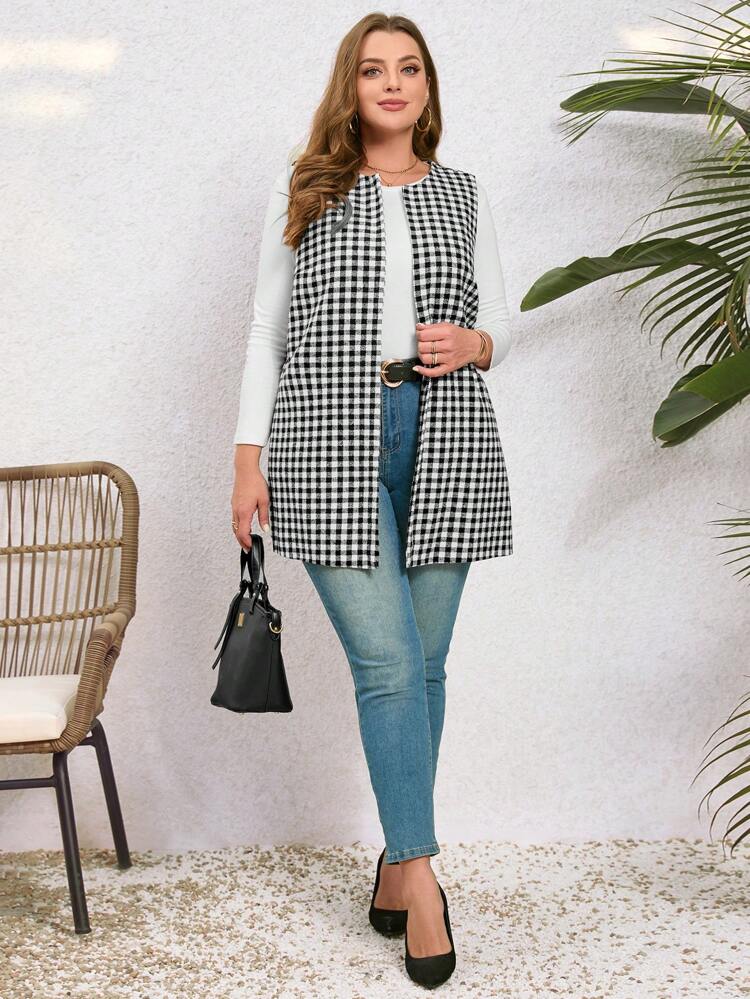 Women'S Plus Size Plaid Open Front Vest Coat