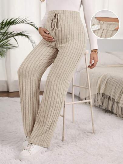 SHEIN 女式孕婦純色肋紋可調腰帶低腹系帶運動褲