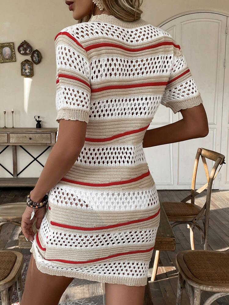 Women'S Hollow Out Striped Sweater Dress