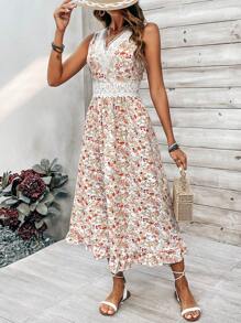 Breezaya Lace Embellished Floral Print V-Neck Sleeveless Dress - Pink - View 4