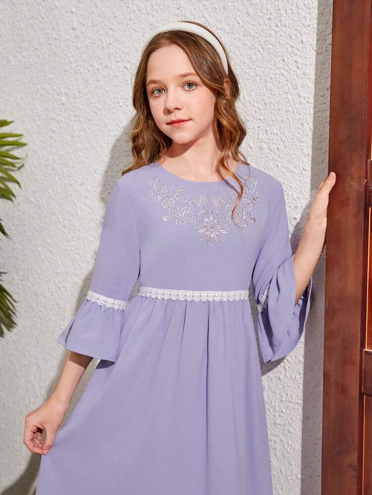 Tween Girl Embroidered Round Neck Loose Casual Vacation Dress