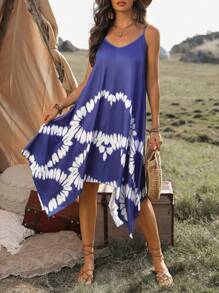 SHEIN LUNE Tie-Dye V-Neck Spaghetti Strap Dress - Blue - View 4
