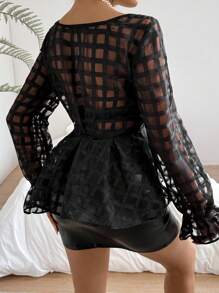 SHEIN Privé Camicia Velata Da Donna Con Scollo A V, Maniche A Volant E Design Prospettico