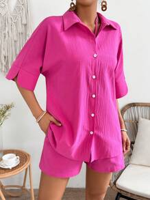 Breezaya Set Di Cardigan Donna A Bottone In Tinta Unita - Fucsia - Visualizzare 6