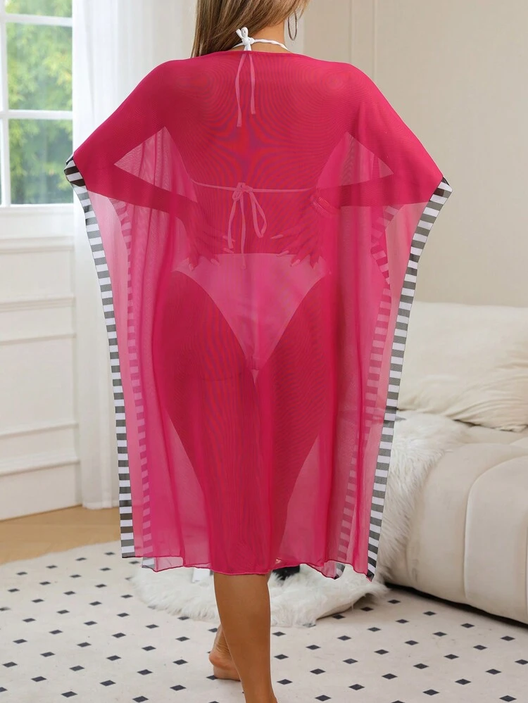 Summer Ladies' Sheer Mesh Color Block Striped Cover-Up Valentine