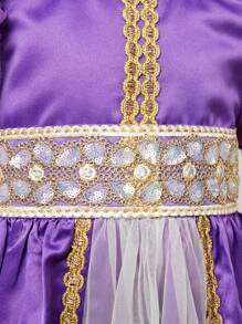 SHEIN Vestido de línea A de bloques de color hermosos para niña joven con detalles de parche - Morado - Ver 6
