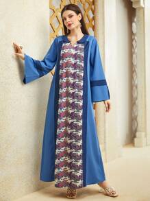 Al Najma Color Block Printed Splice Notched Neckline Dress Kaftan Jalabiya Dress - Blue - View 4
