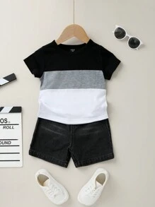 Baby Boy's Loose Fit 2pcs/Set Colorblock Short Sleeve T-Shirt And Shorts - Black - View 1