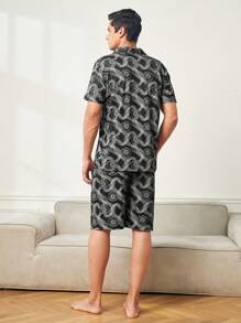 男士休閒鈕扣短袖印花襯衫和短褲居家套裝 - 黑色 - 查看 2