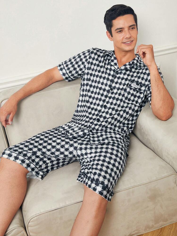 Men'S Houndstooth Short Sleeve Shorts Lounge Suit