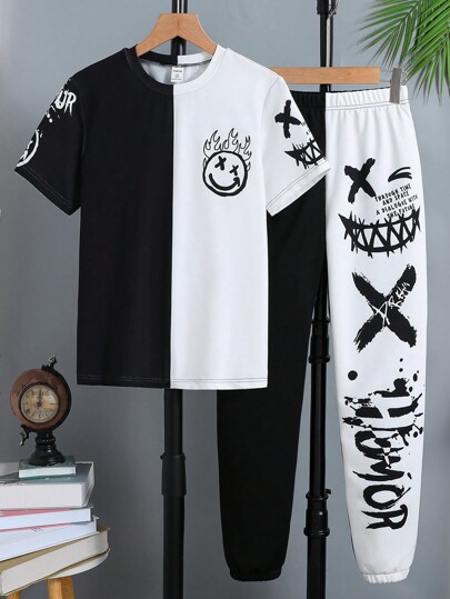 SHEIN Camiseta De Manga Corta Con Impresión Y Pantalones Deportivos Para Niños De 2 Piezas.