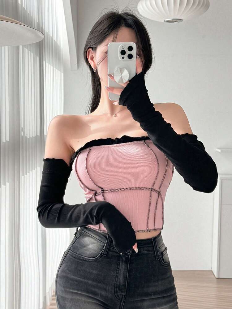 Women'S Contrast Color Top With Thread Stitching Design,Off Shoulder Top Long Sleeve Women Tops,Fall Women Clothes