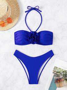SHEIN Swim Conjunto de bikini separado con decoración floral y cuello de halter para damas, ideal para playa de verano