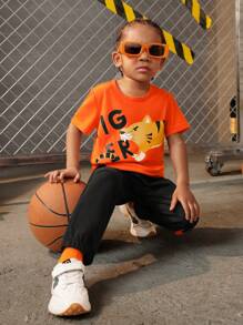 SHEIN Explorewe Young Boy Cartoon & Letter Printed Short Sleeve T-Shirt And Pants Set - Multicolor - View 1