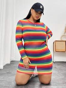 SHEIN CURVE+ Plus Size Rainbow Striped Semi-Sheer Dress - Multicolor - View 5