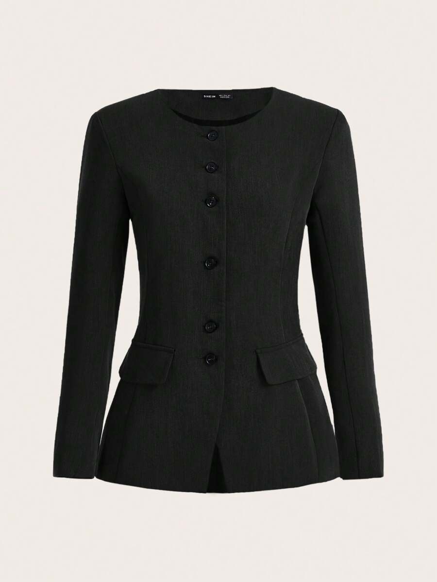COSMINA Women'S Solid Color Button Front Lapel Collar Flip Detail Jacket In Fall/Winter - Black - View 1