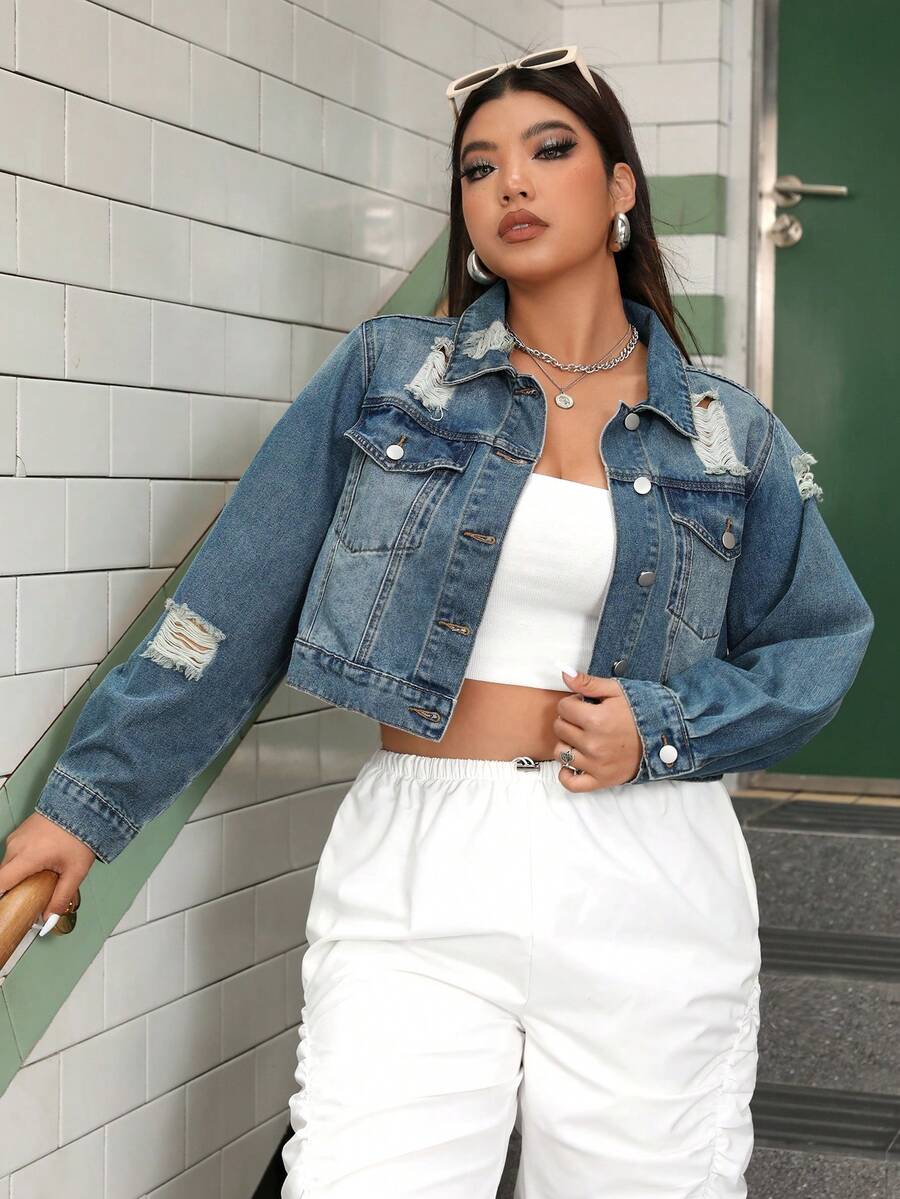 SHEIN EZwear Kích thước lớn Của phụ nữ Đau khổ Nút-Mặt trước Áo khoác denim Với Patch Túi - Rửa tối - Xem 1