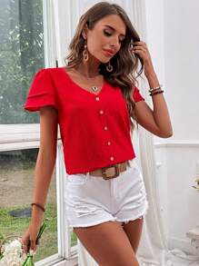 SHEIN VCAY V-Neck Button Front Vacation Blouse - Red - View 4
