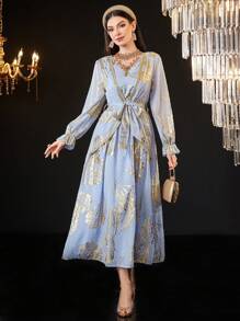 Modelyn Women'S Long Sleeve Dress With Foiled Botanical Pattern Long Evening Dresses Fall Cloth For Women - Multicolor - View 4