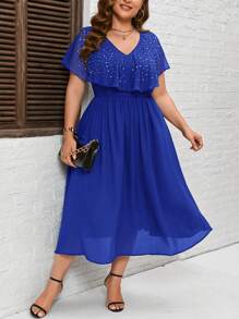 SHEIN Clasi Plus Size Waist-Fitting Rhinestone Decorated Dress - Royal Blue - View 6