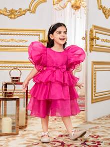 SHEIN Leap Crew Young Girls' Casual Ruffle Hem A-Line Dress - Hot Pink - View 6