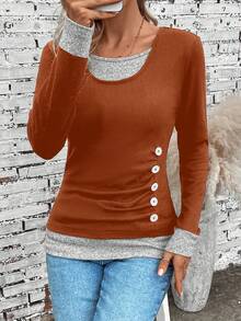 EMERY ROSE Buttoned Decor Two-In-One Long Sleeve T-Shirt - Orange - View 4