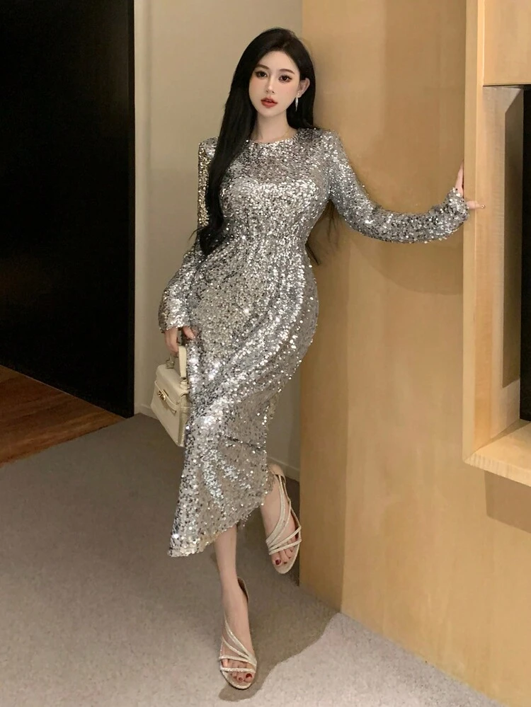 Vestido de mujer con cuello redondo, manga larga y lentejuelas para fiesta y baile