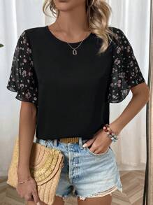 SHEIN LUNE Quý cô In hoa Ngắn tay Vòng cổ Áo sơ mi Với Bùng nổ - màu đen - Xem 6