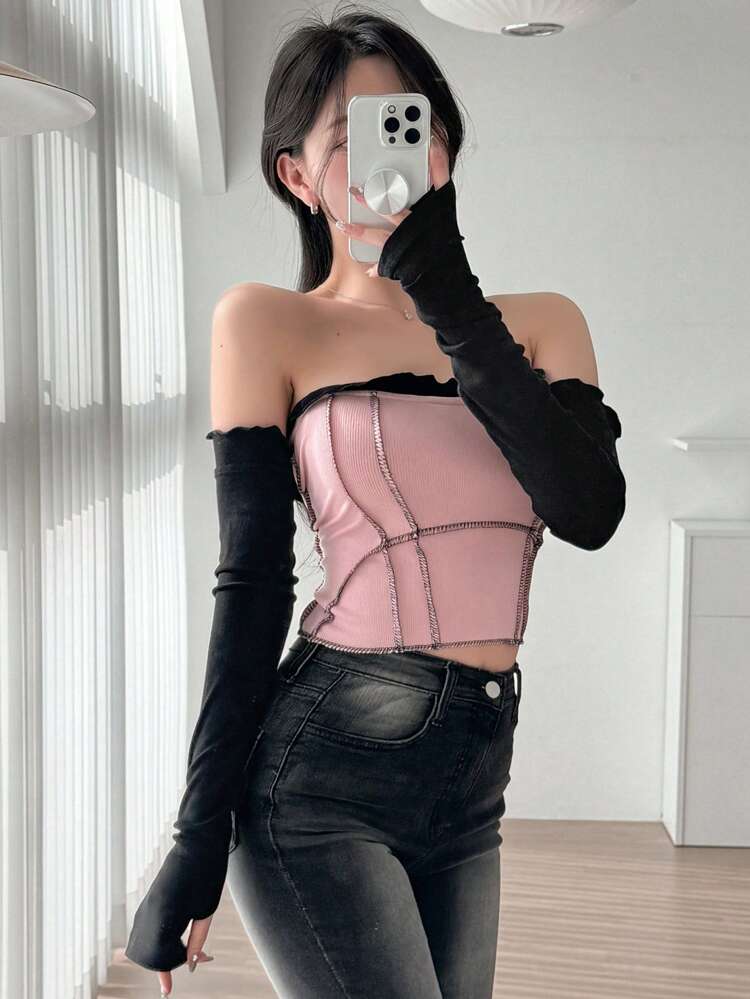 Women'S Contrast Color Top With Thread Stitching Design,Off Shoulder Top Long Sleeve Women Tops,Fall Women Clothes