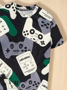 SHEIN 3pcs/Set Tween Boy Snug Fit Casual Coolkids Street Style Video Game Print Round Neck T-Shirt, Solid Color T-Shirt And Printed Shorts, Home Service Outfit