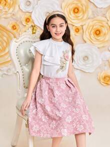 SHEIN Leap Crew 2 sztuki Tween Girl Casual Stand Collar Asymetryczna koszula z falbaniastym dołem rękawów i spódnica żakardowa - Brudny różowy - Zobacz 3