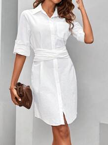 SHEIN Clasi Của phụ nữ Eo Ruffle Nút xuống Váy sơ mi - trắng - Xem 4