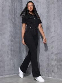 SHEIN EZwear Women's Denim Jumpsuit With Button Fly And Flared Legs - Black - View 1