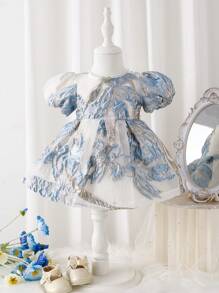 Robe pour bébés filles avec ourlet évasé bleu élégant, tissu jacquard doré lourd, tissu bleu ferme et fermeture éclair cachée - Multicolore - Voir 1