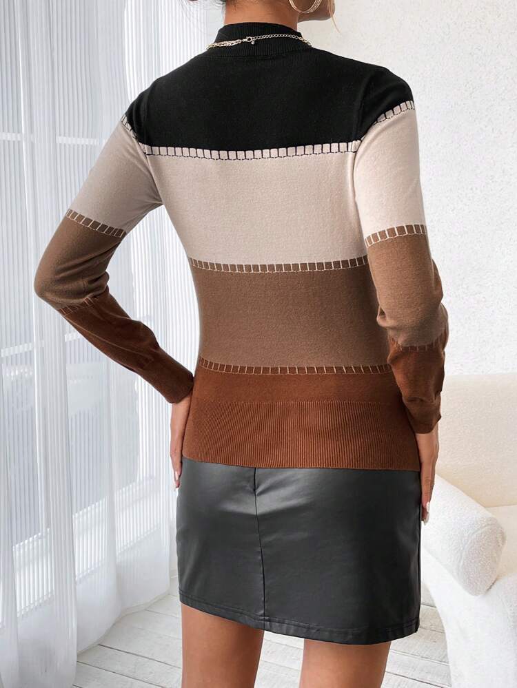 Women's Color Blocked Stand Collar Sweater, Knit Pullover Fall Winter