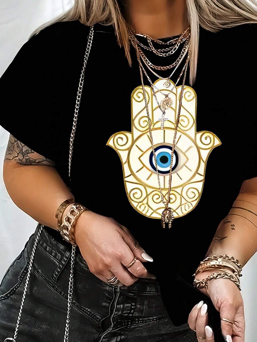 SHEIN LUNE 大碼女性眼睛圖案短袖t恤 - 黑色 - 查看 1