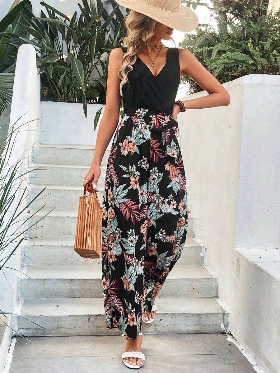 SHEIN Frenchy 女士無袖植物印花連體褲 - 彩色 - 查看 1